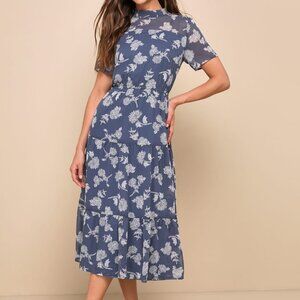 Dusty Blue Floral Print Midi Dress